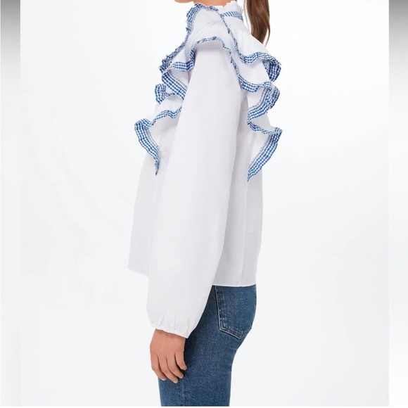 Hyacinth House Blue White Long Gingham Trim Sleeve Ruffle Blouse. Small. NWT. - Picture 7 of 14